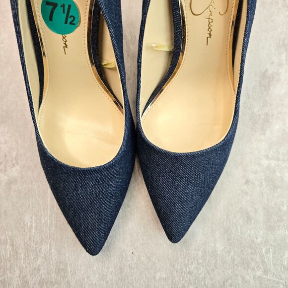 Jessica Simpson Denim Pumps 7.5 Blue Retro Dressy Pointed Toe High Heel Shoes - Picture 9 of 10